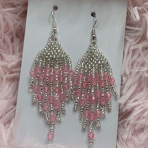 Silver & Pink Crystal Fringe Earrings